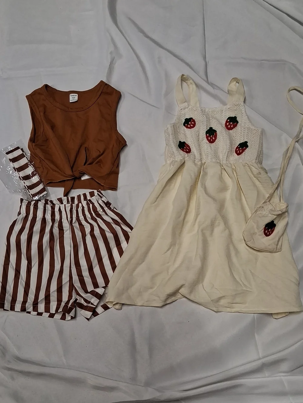Cream Strawberry Embroidered Sundress with Matching Bag & Brown/White Short Set